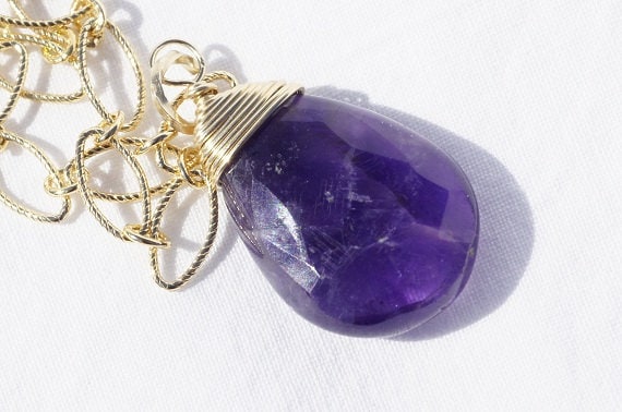Natural Amethyst Faceted Briolette Wire Wrapped 14 K Golld Filled . Amethyst Pendant