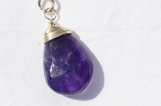Natural Amethyst Faceted Briolette Wire Wrapped 14 K Golld Filled . Amethyst Pendant