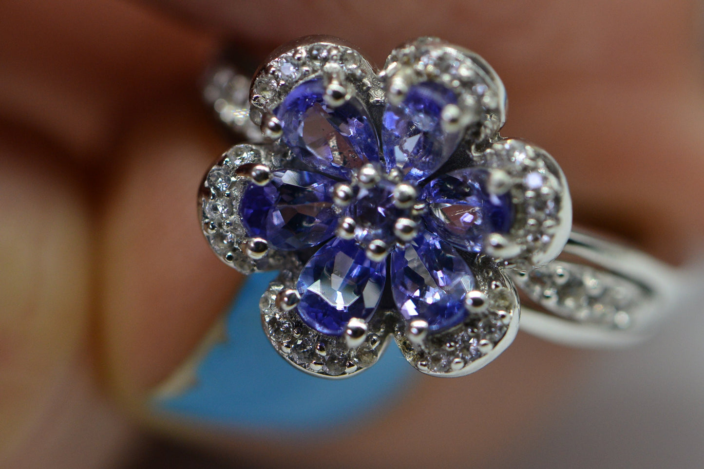 Tanzanite Flower Ring: Sterling Silver Halo, December Birthstone