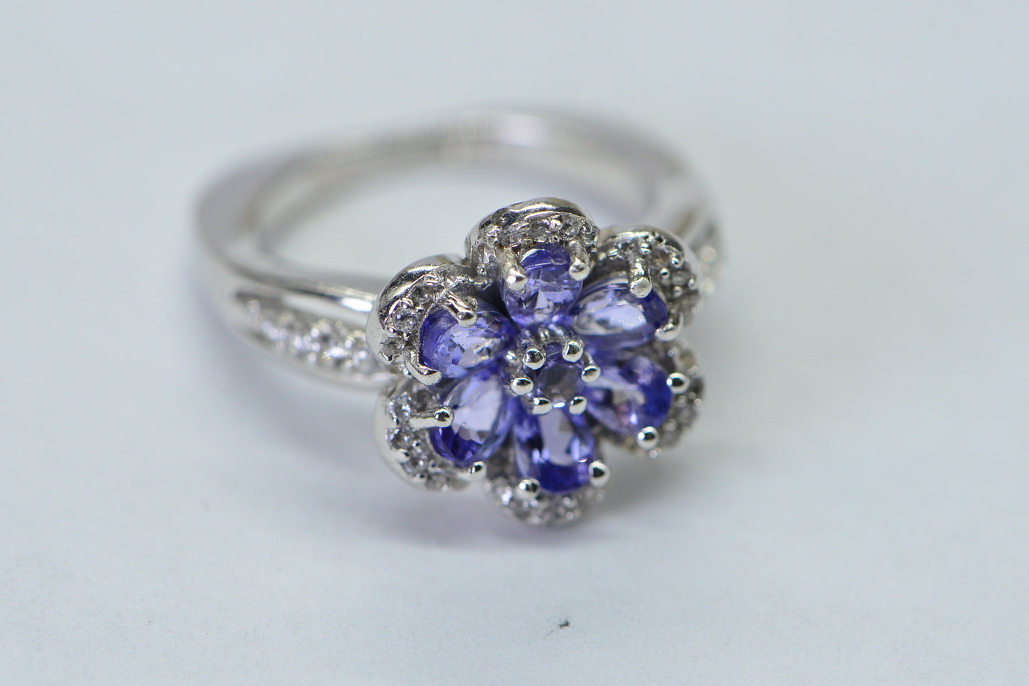 Tanzanite Flower Ring: Sterling Silver Halo, December Birthstone