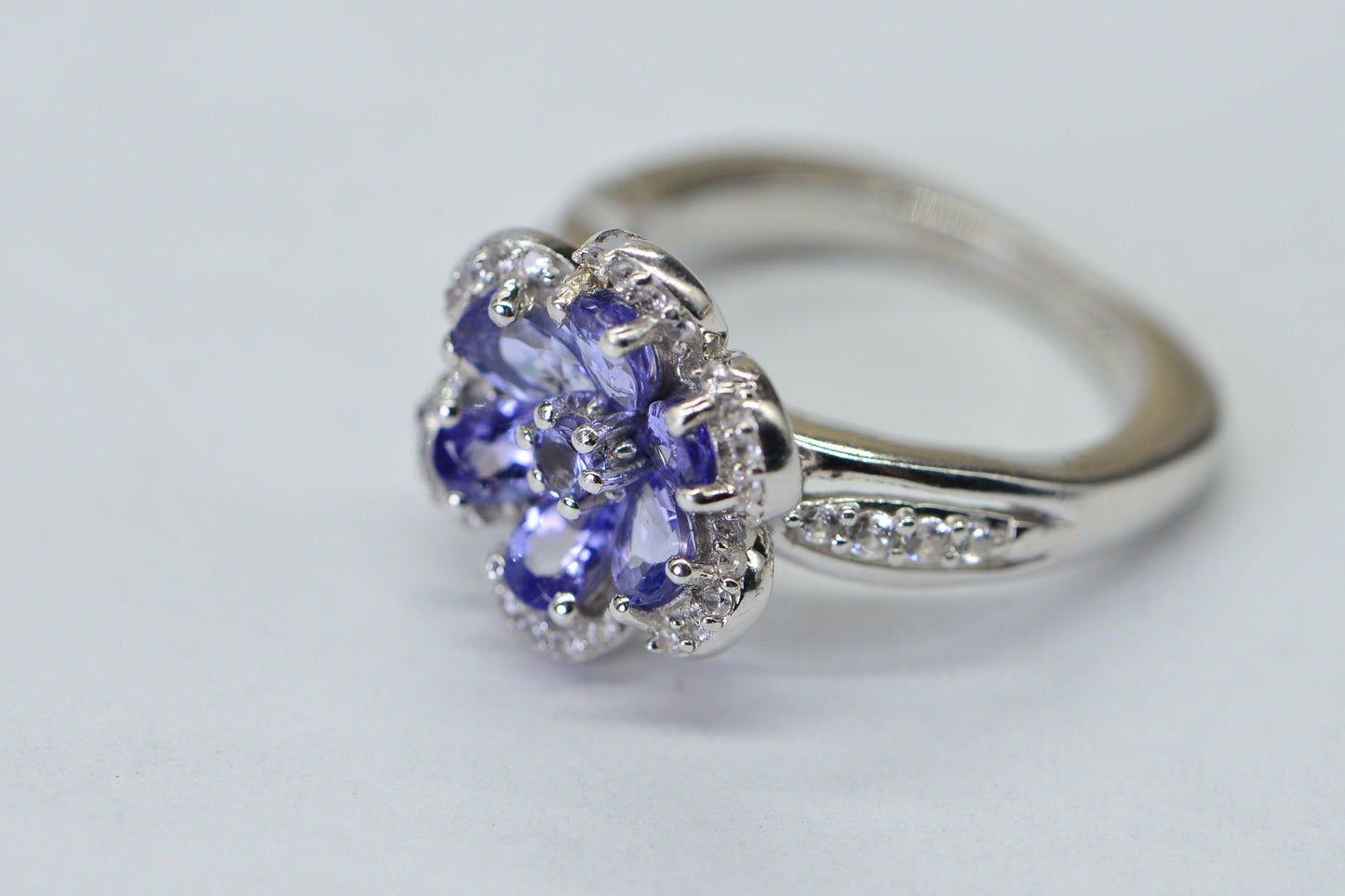 Tanzanite Flower Ring: Sterling Silver Halo, December Birthstone