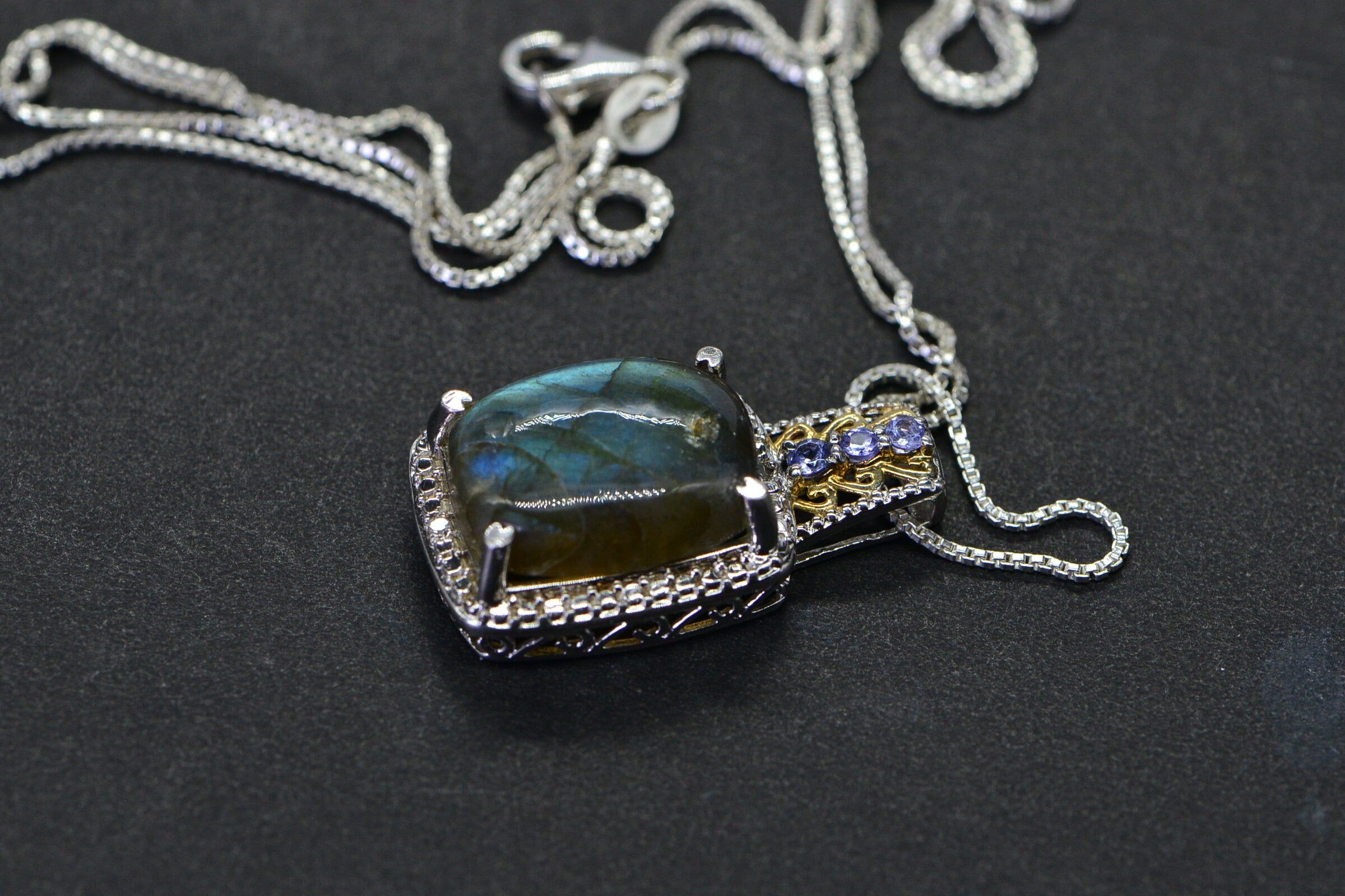 Blue Flash Labradorite Tanzanite Pendant Necklace Sterling Silver Multi Stone  Necklace