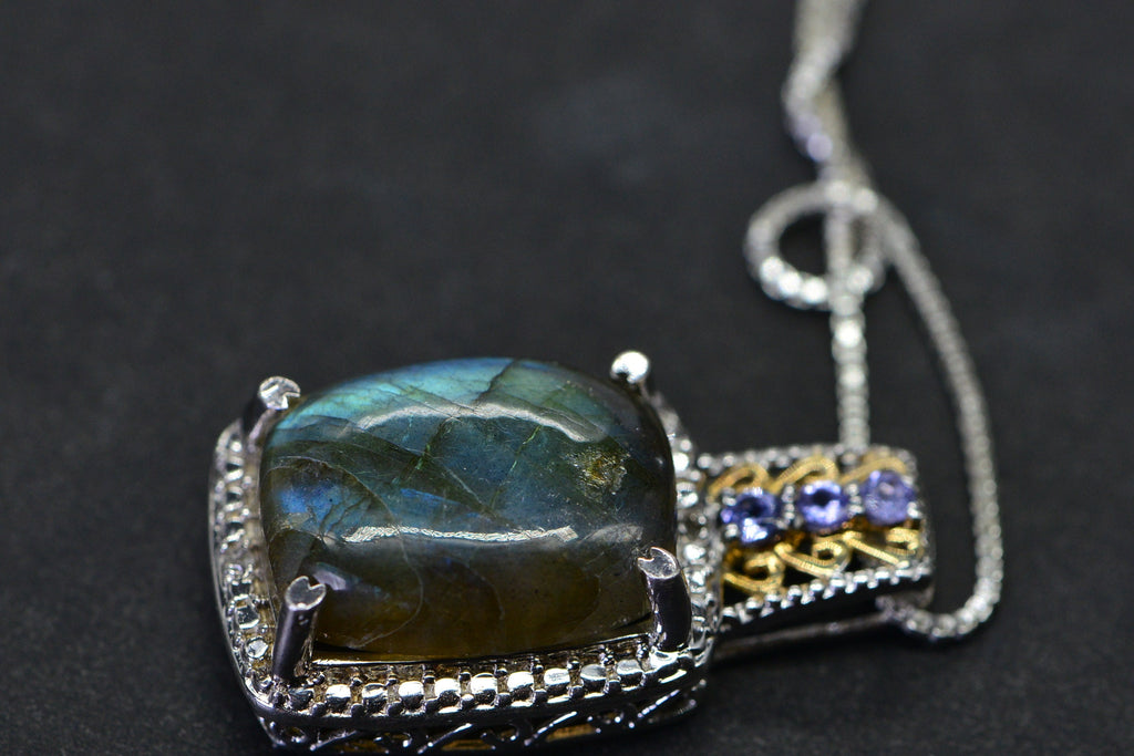 Blue Flash Labradorite Tanzanite Pendant Necklace Sterling Silver Multi Stone  Necklace