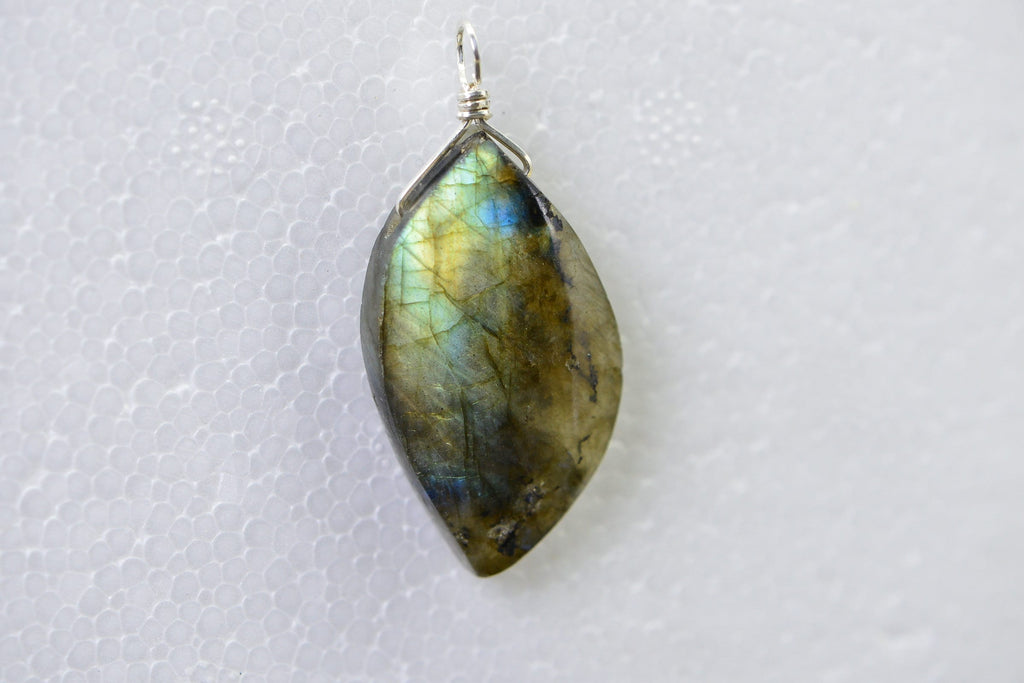 Blue Flash Labradorite Pendant: Sterling Silver Wire Wrap Teardrop