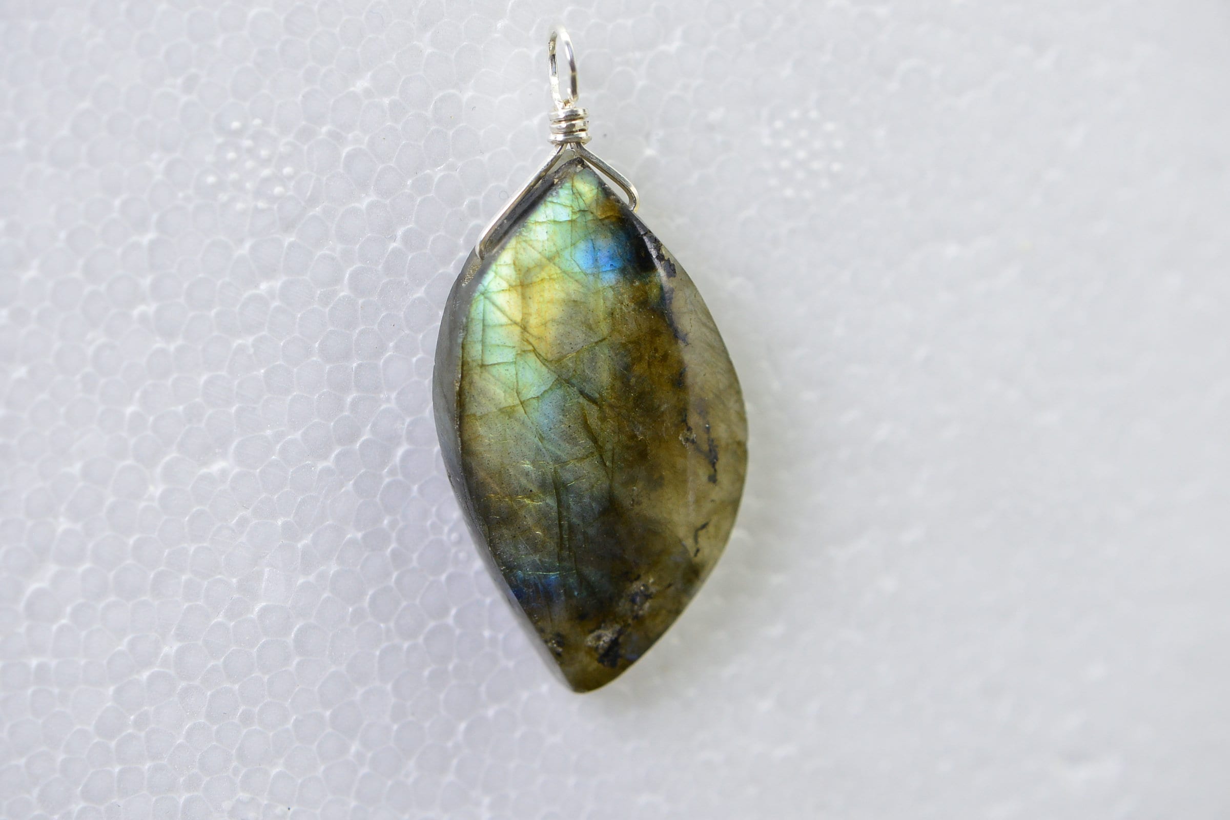 Blue Flash Labradorite Pendant: Sterling Silver Wire Wrap Teardrop