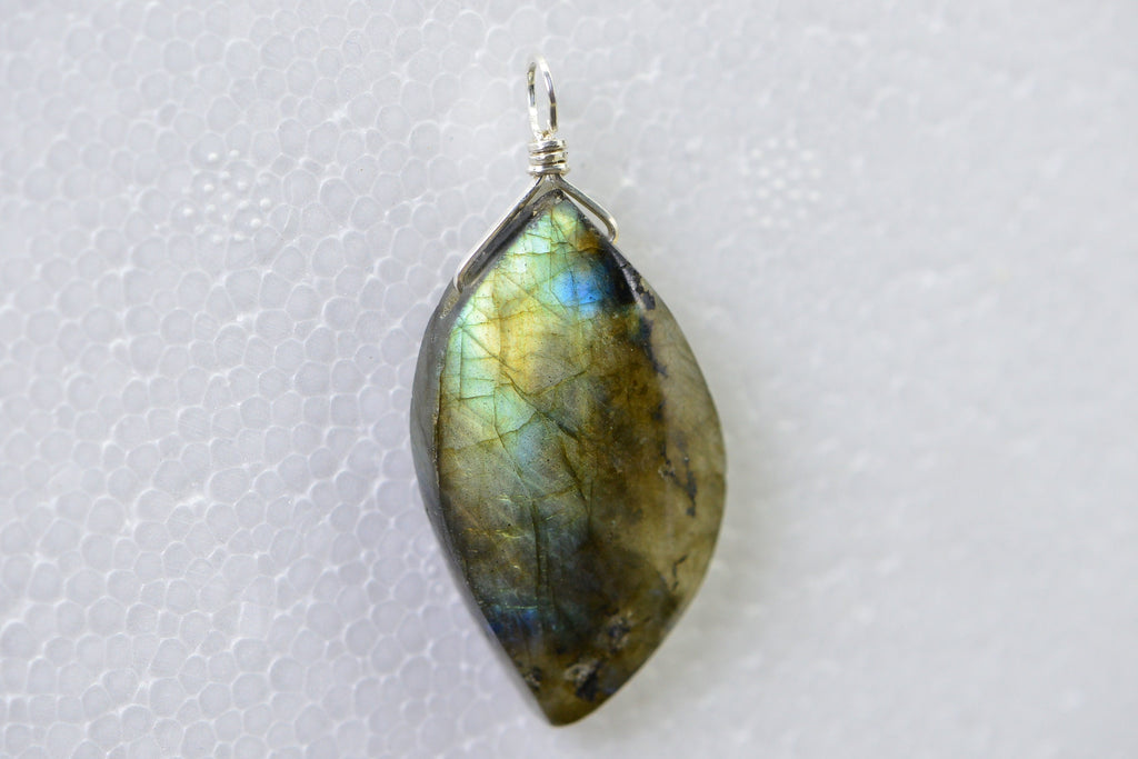 Blue Flash Labradorite Pendant: Sterling Silver Wire Wrap Teardrop
