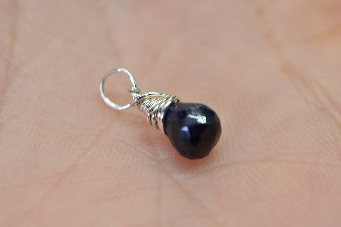 Sapphire Briolette Pendant, Sterling Silver Wire Wrapped Charm