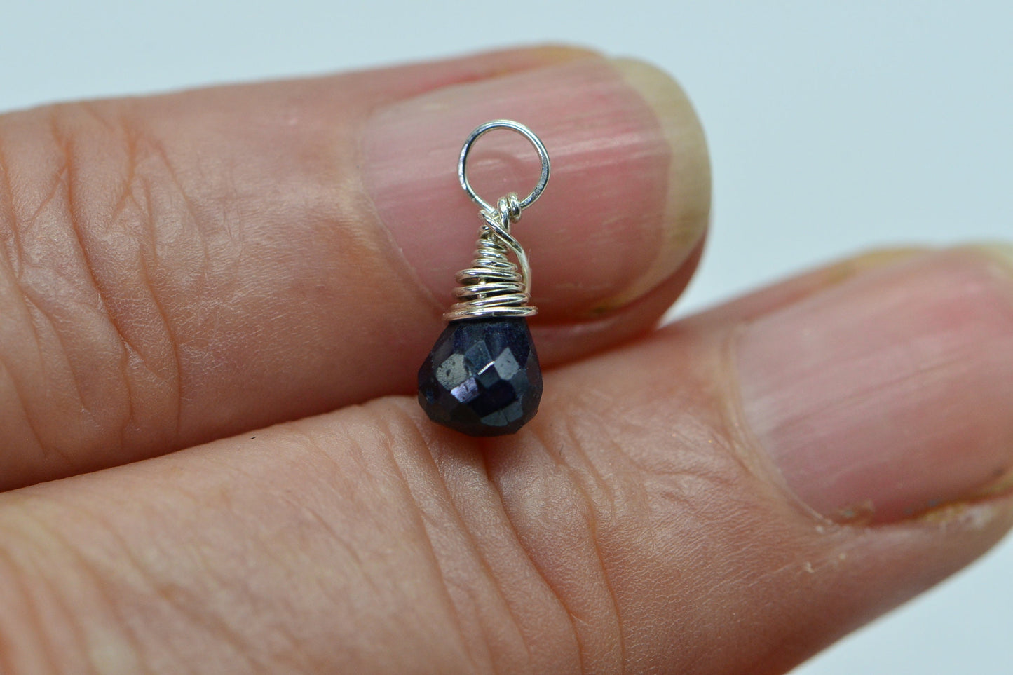 Sapphire Briolette Pendant, Sterling Silver Wire Wrapped Charm