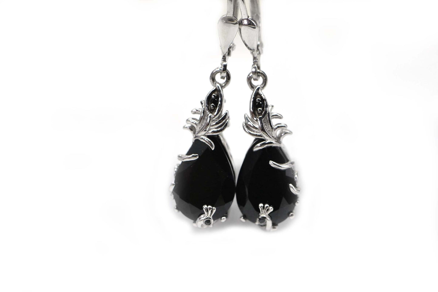 Black Onyx Earrings  Peacock Earrings Teardrop Cut Stone Prong Set in Filigree Fancy Basket