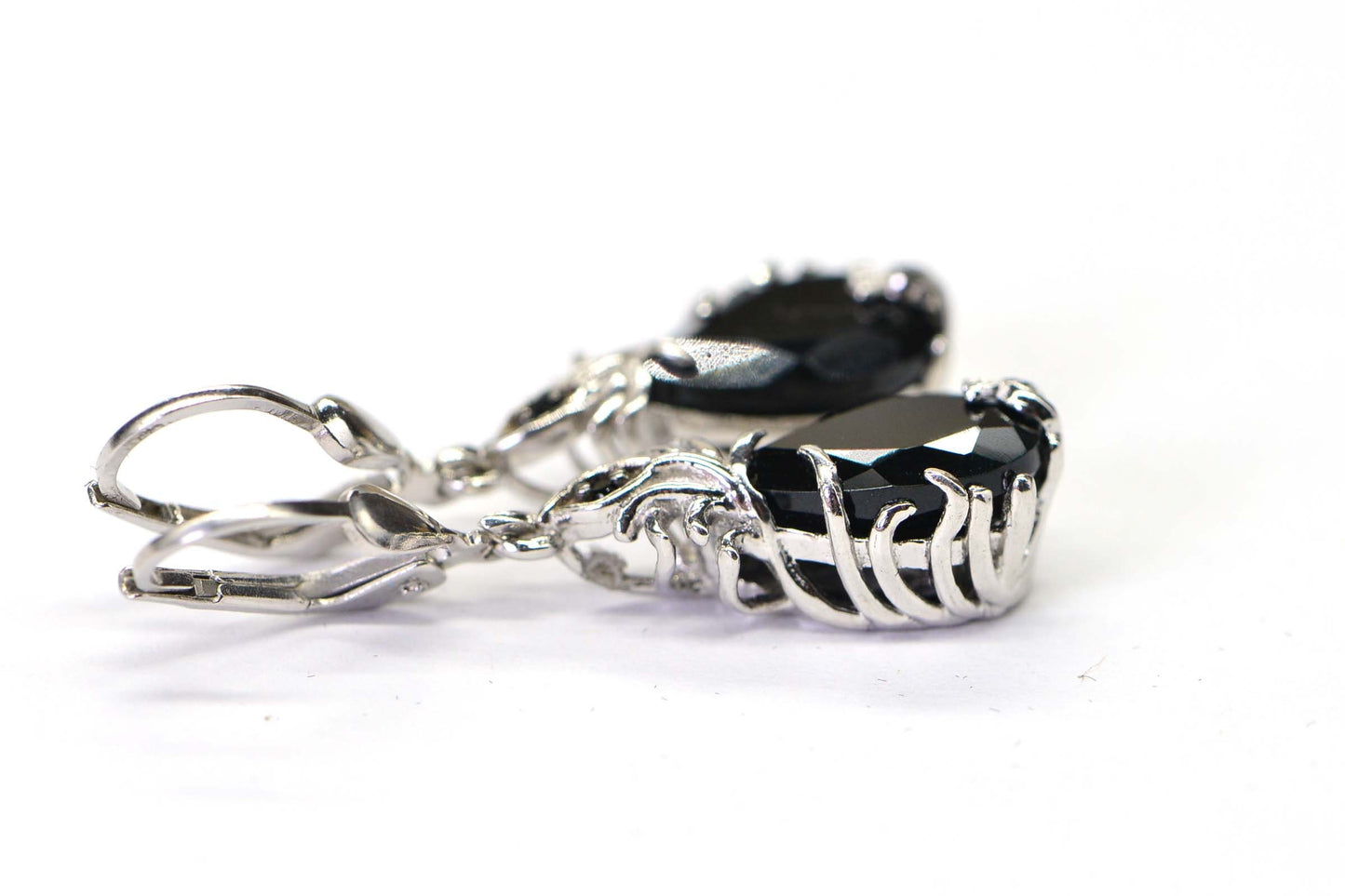 Black Onyx Earrings  Peacock Earrings Teardrop Cut Stone Prong Set in Filigree Fancy Basket