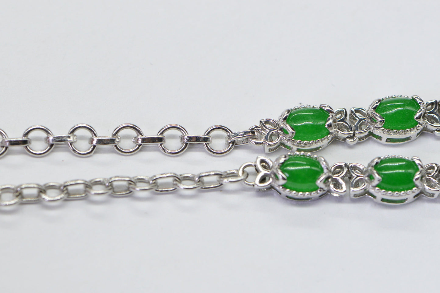 Apple Green Jade Link Necklace, Sterling Silver Leaf Design