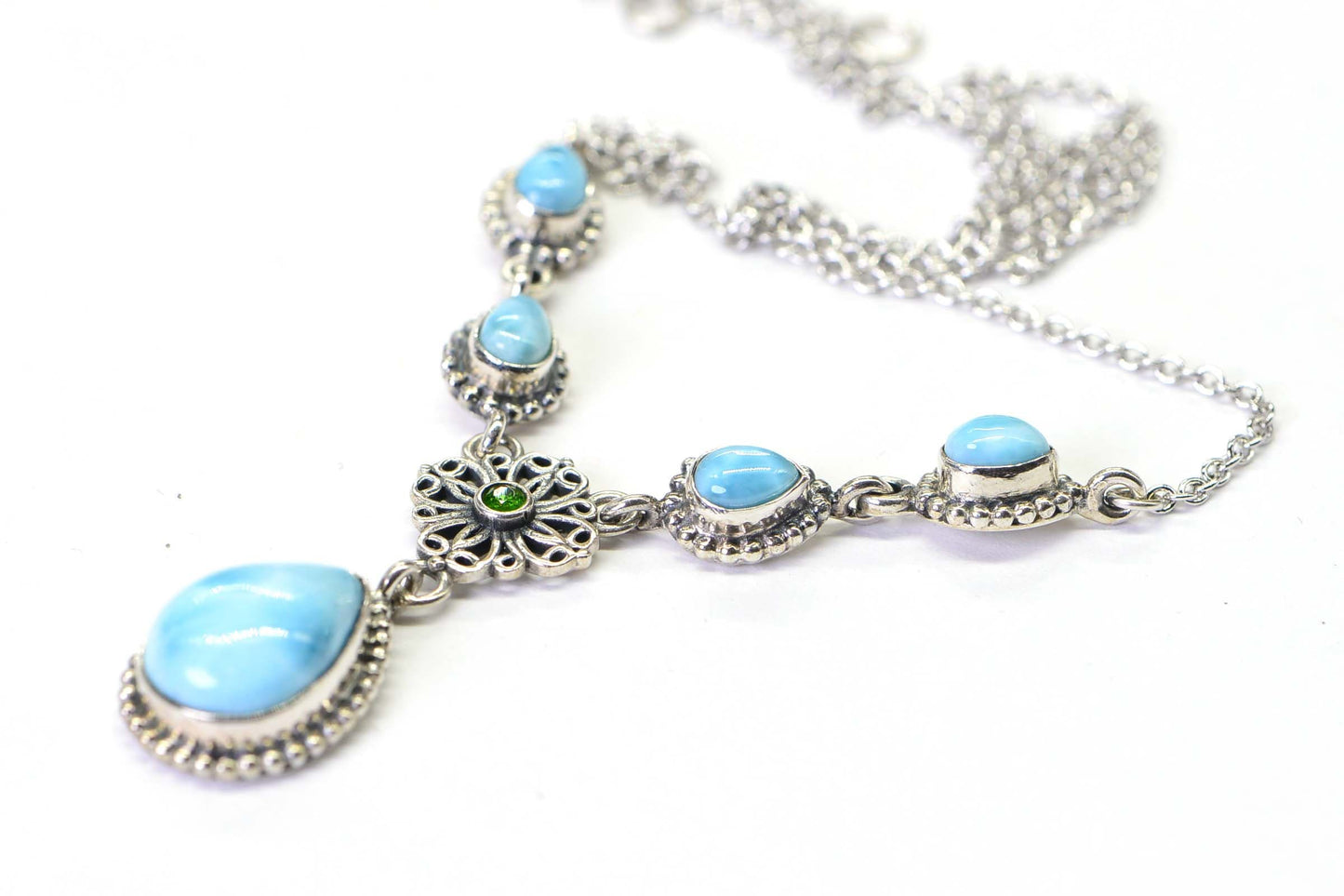 Blue Larimar Teardrop Necklace, Sterling Silver, Dominican Gemstone