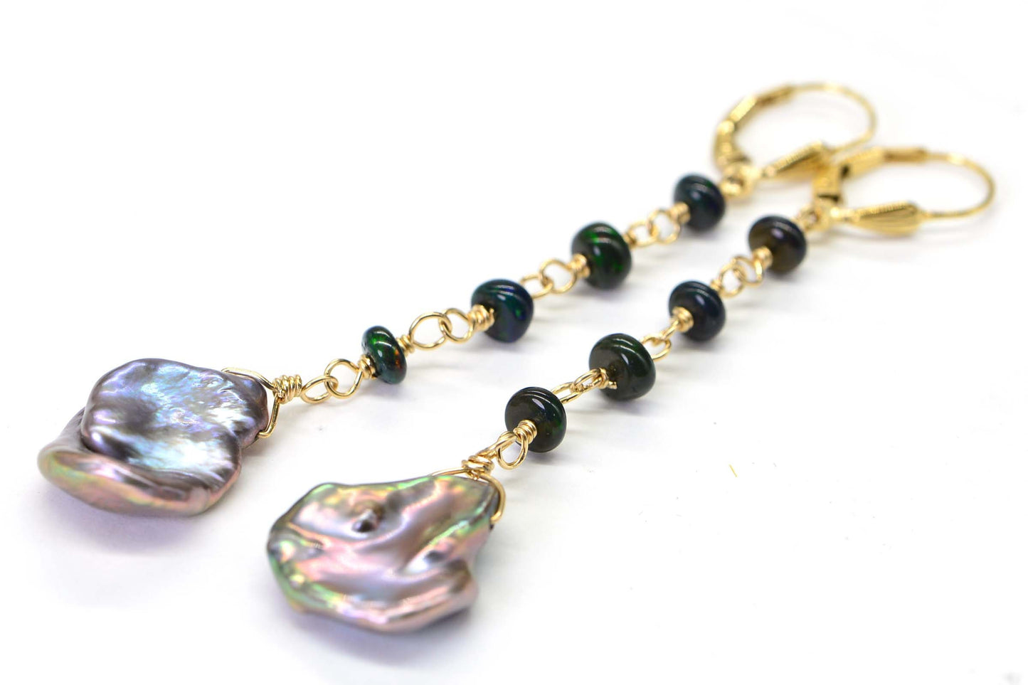 Ethiopian Opal Dangle Earrings, Keishi Pearl, 14K Gold Filled