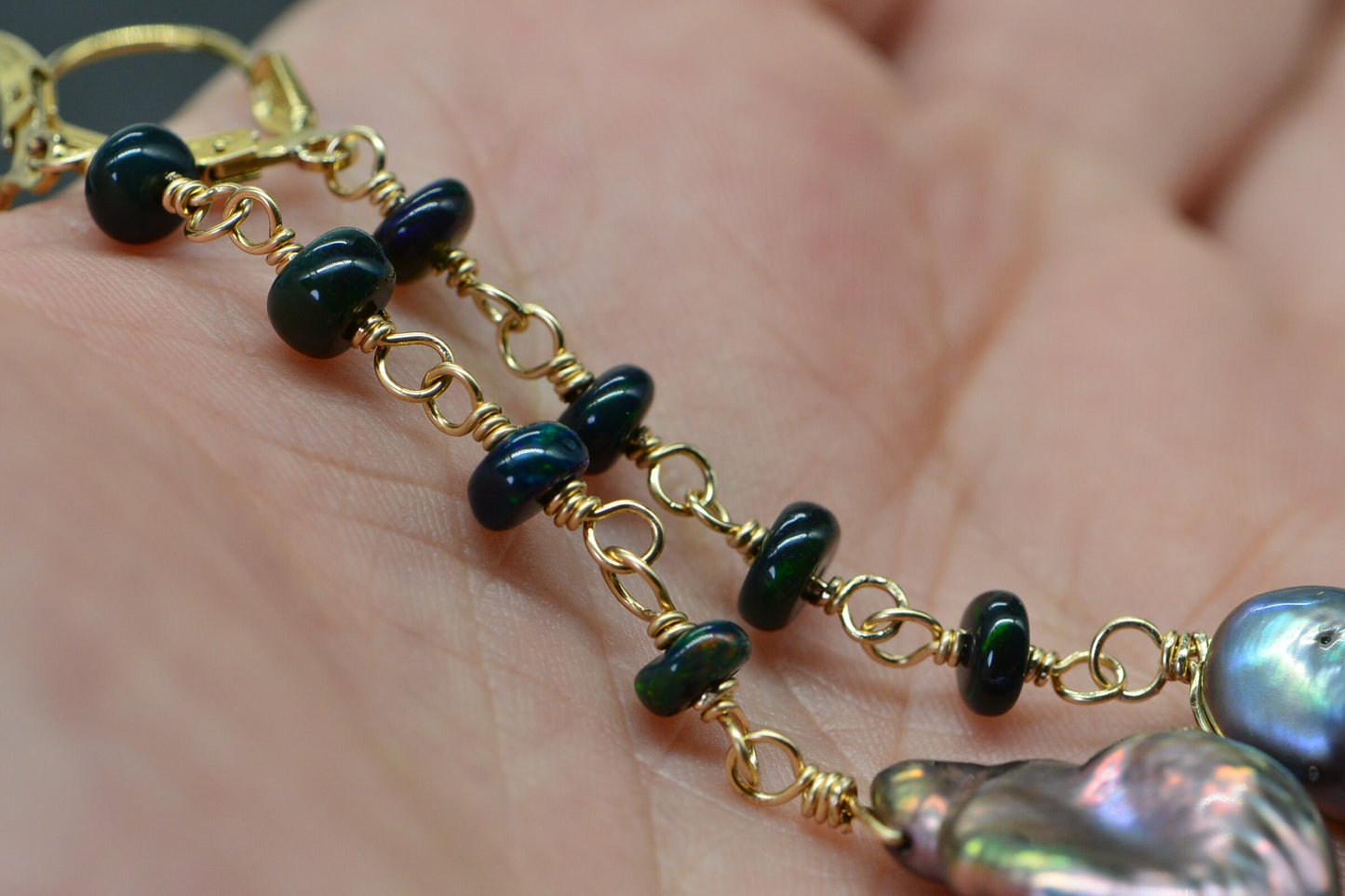Ethiopian Opal Dangle Earrings, Keishi Pearl, 14K Gold Filled