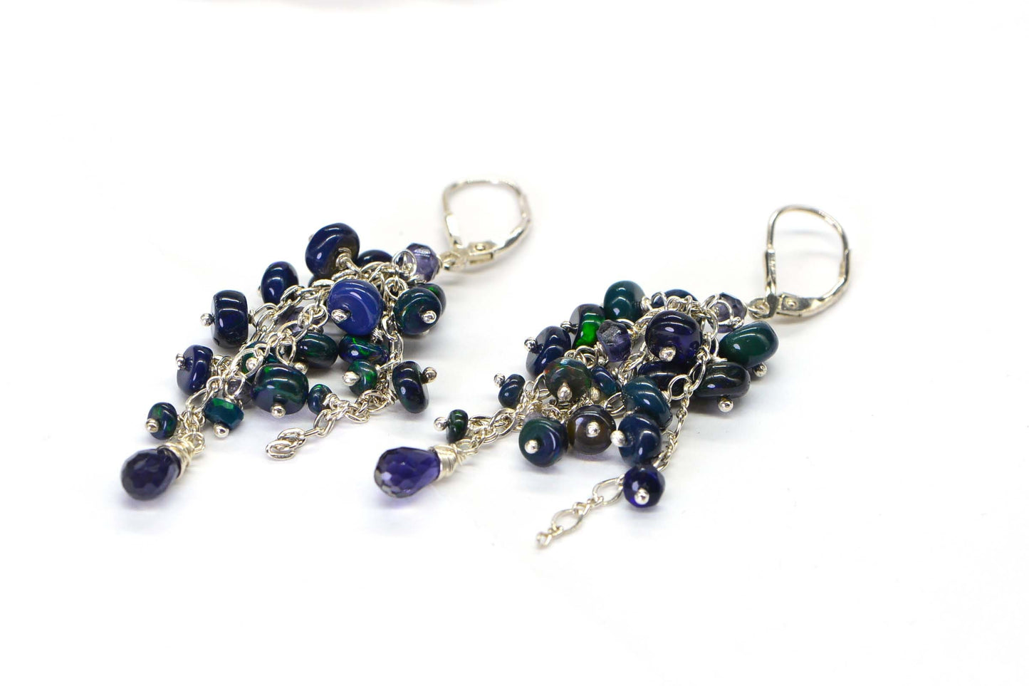 Black Opal Chandelier Earrings, Iolite, Sterling Silver, October Birthstone