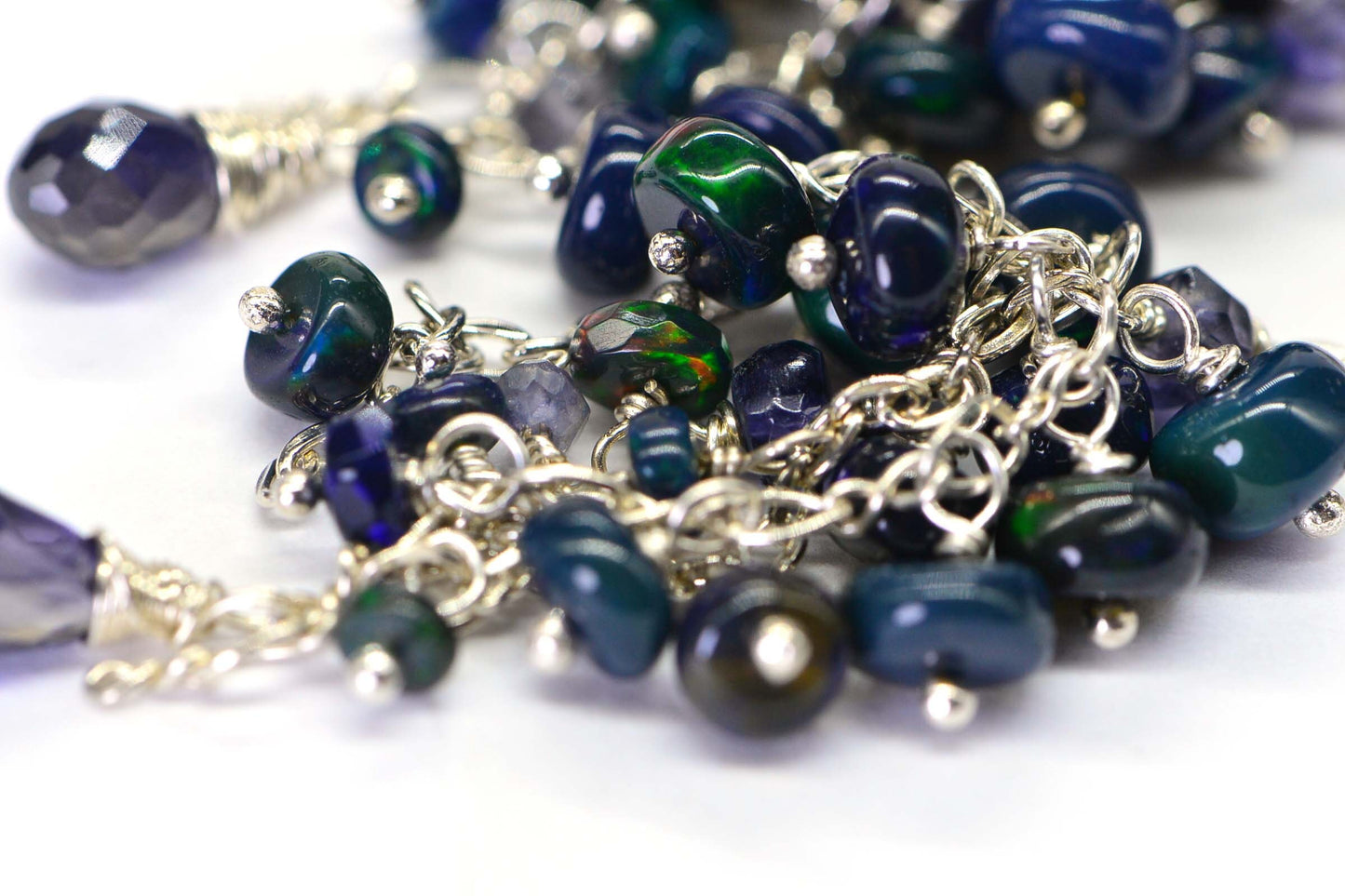 Black Opal Chandelier Earrings, Iolite, Sterling Silver, October Birthstone