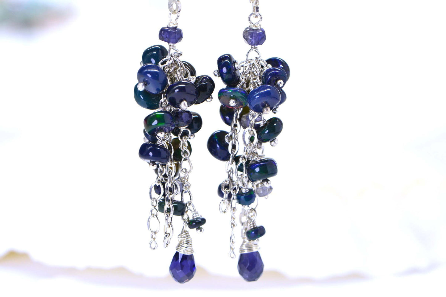 Black Opal Chandelier Earrings, Iolite, Sterling Silver, October Birthstone