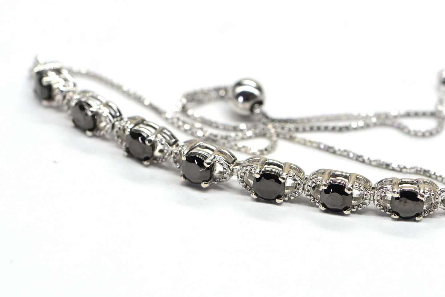 Black Spinel Tennis Bolo Bracelet: Platinum Over Sterling Silver, Vintage Style