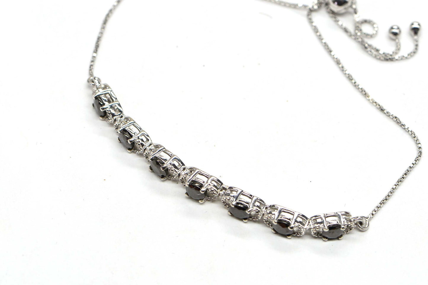 Black Spinel Tennis Bolo Bracelet: Platinum Over Sterling Silver, Vintage Style
