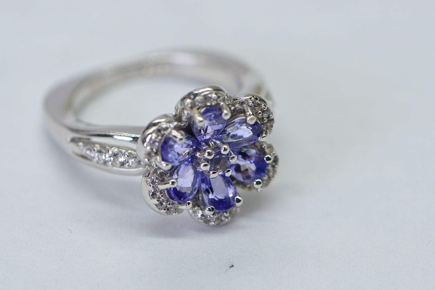 Tanzanite Flower Ring: Sterling Silver Halo, December Birthstone