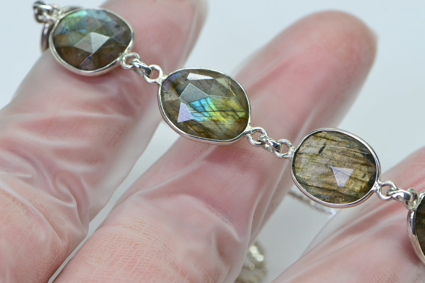 Blue Flash Labradorite Bolo Bracelet, Sterling Silver, Adjustable