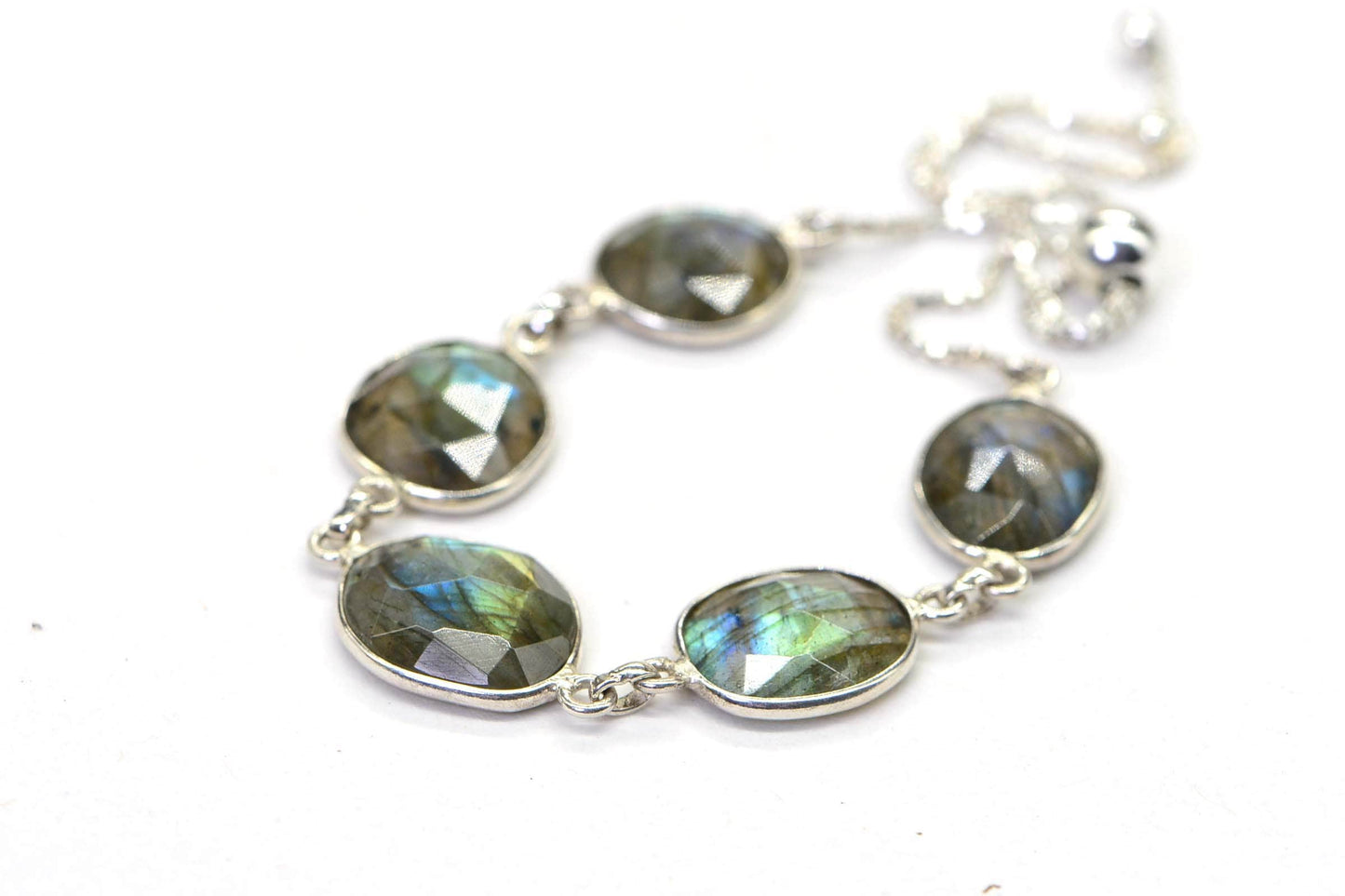 Blue Flash Labradorite Bolo Bracelet, Sterling Silver, Adjustable
