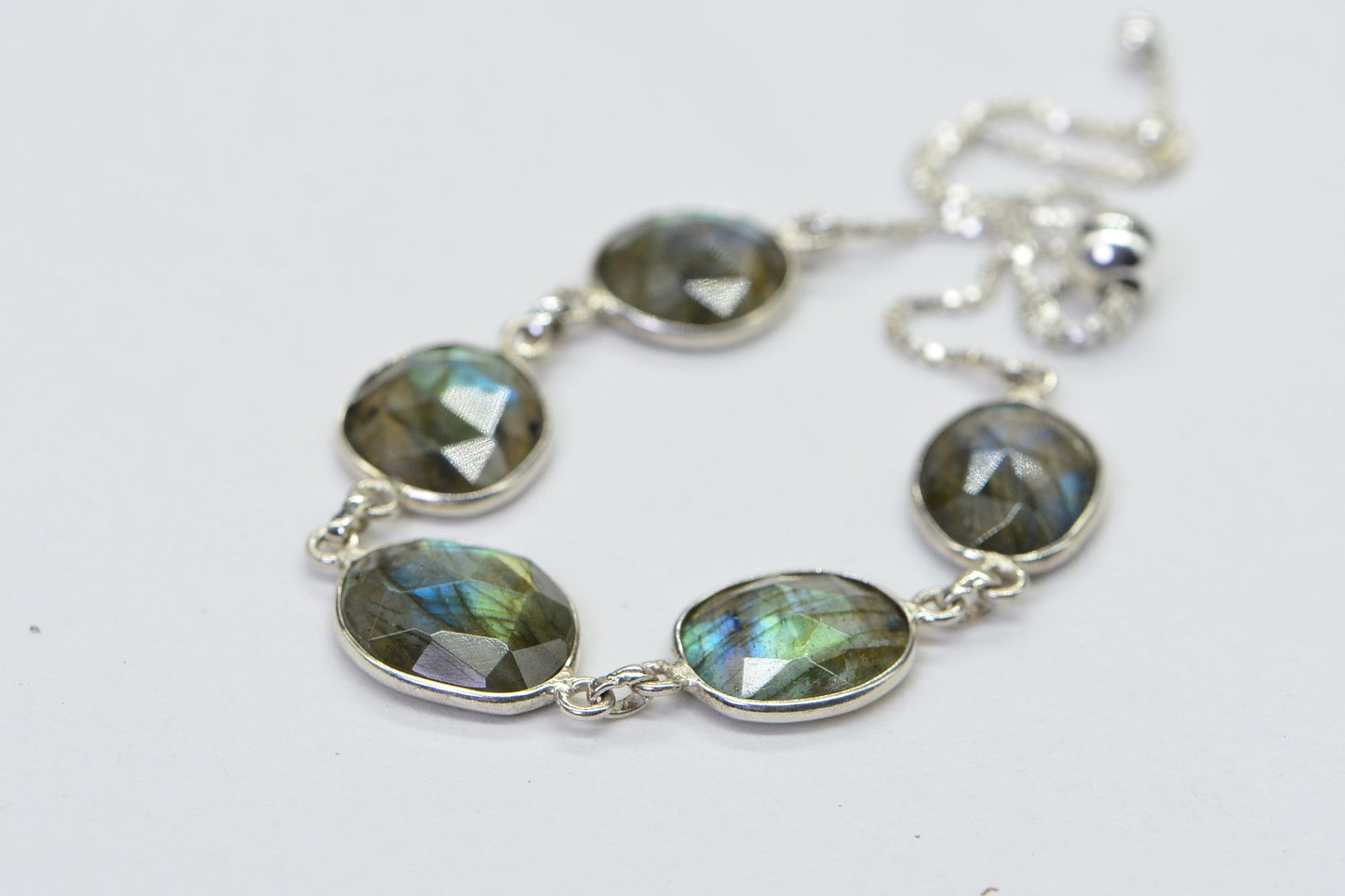Blue Flash Labradorite Bolo Bracelet, Sterling Silver, Adjustable