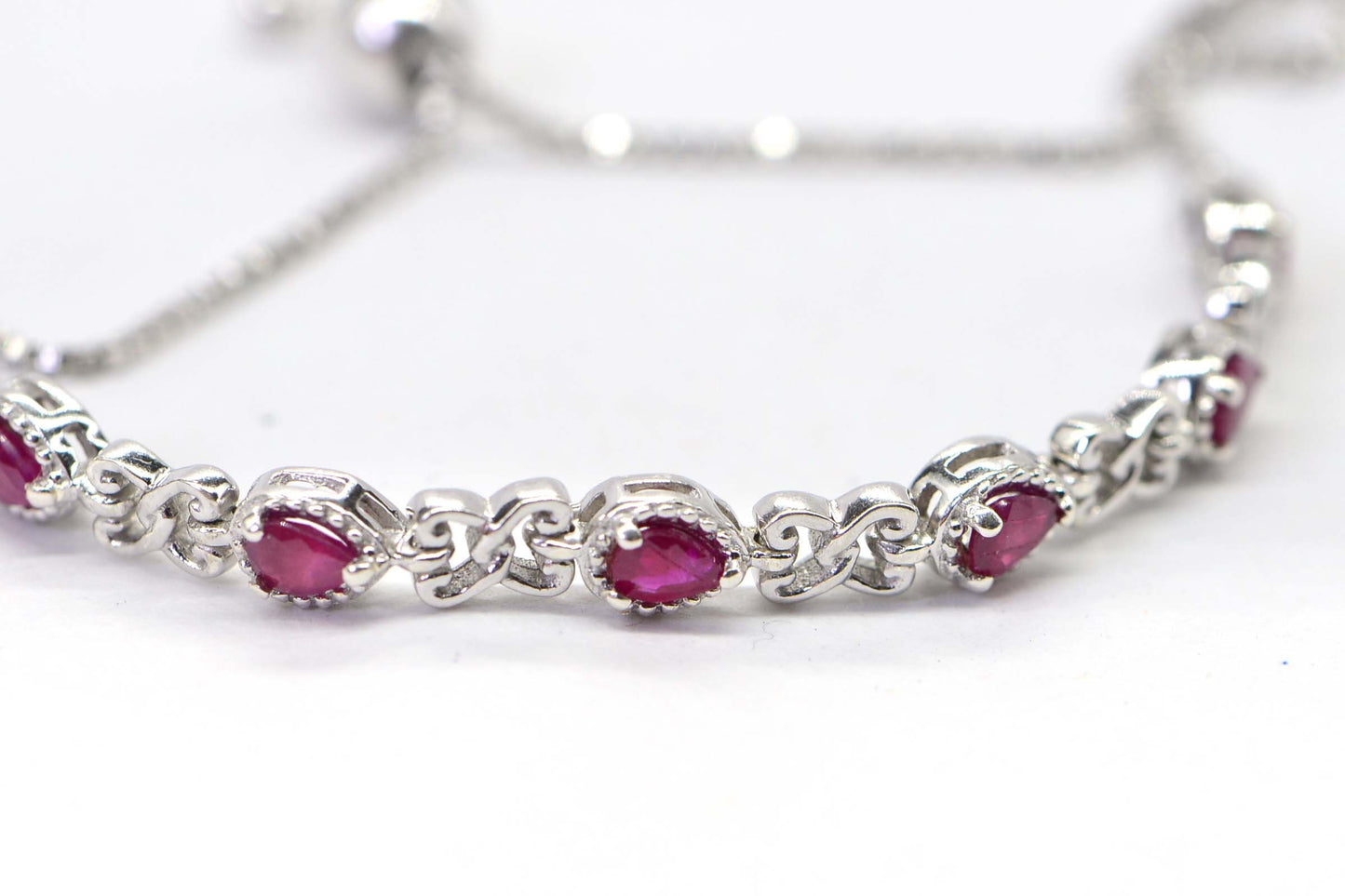 Sterling Silver Ruby Bracelet, Pear Gemstone Link Chain, July Birthstone