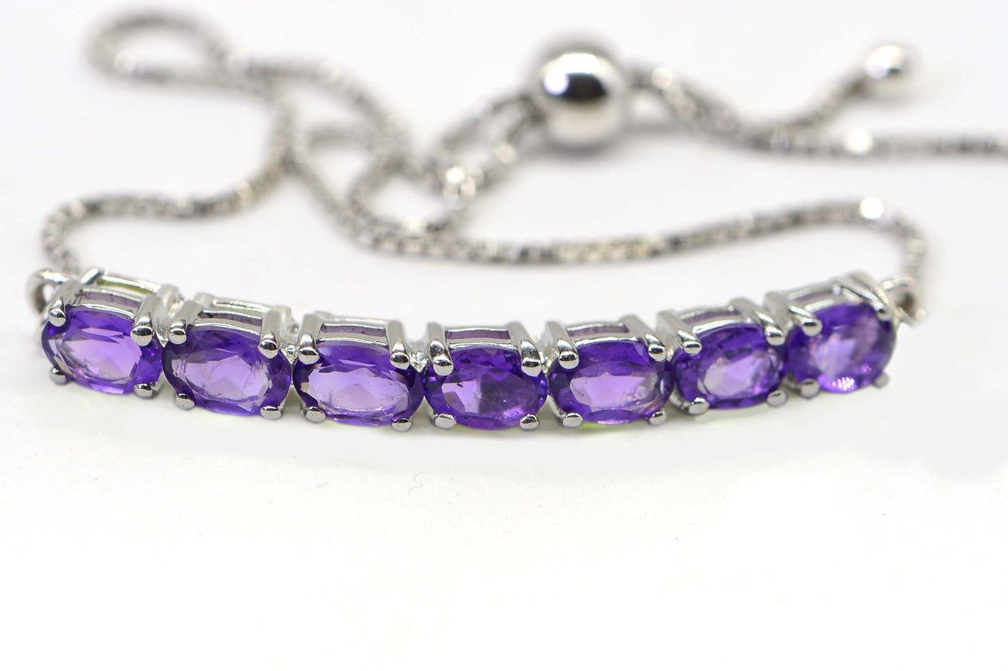Natural Amethyst Bar Bracelet Bolo Adjustable Sterling silver   Birthstone for February