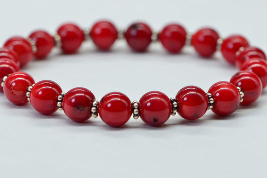 Red Coral Beaded Bracelet: Sterling Silver, 8mm Bamboo Beads