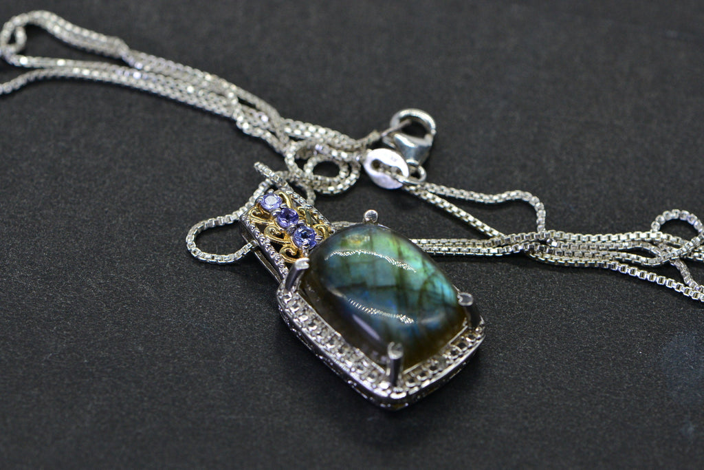 Blue Flash Labradorite Tanzanite Pendant Necklace Sterling Silver Multi Stone  Necklace
