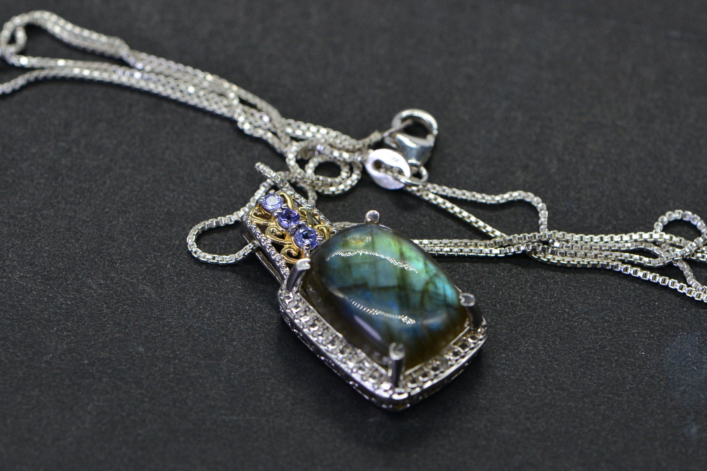 Blue Flash Labradorite Tanzanite Pendant Necklace Sterling Silver Multi Stone  Necklace