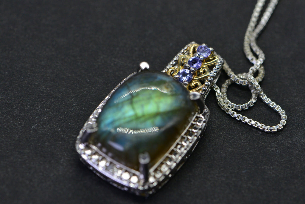 Blue Flash Labradorite Tanzanite Pendant Necklace Sterling Silver Multi Stone  Necklace
