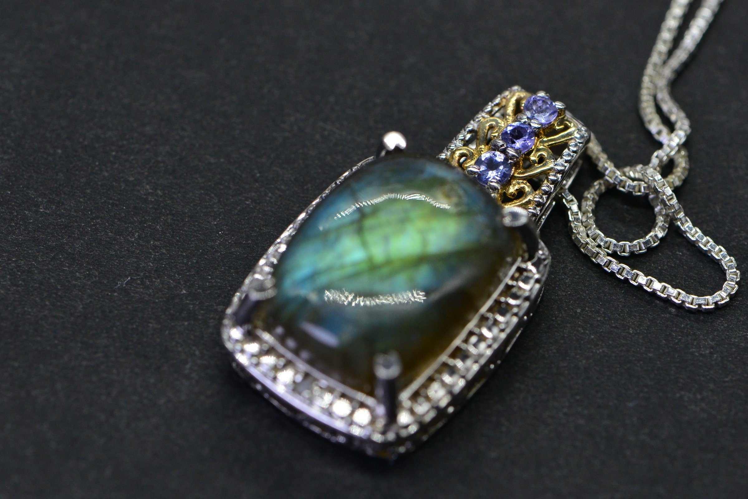 Blue Flash Labradorite Tanzanite Pendant Necklace Sterling Silver Multi Stone  Necklace