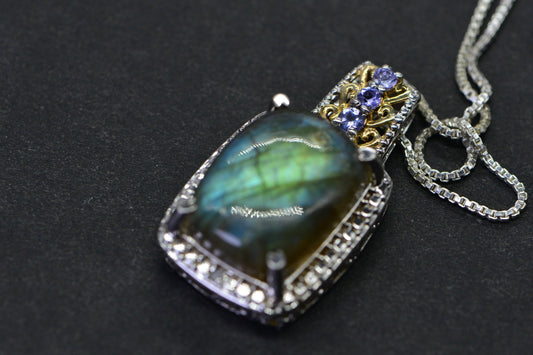 Blue Flash Labradorite Tanzanite Pendant Necklace Sterling Silver Multi Stone  Necklace