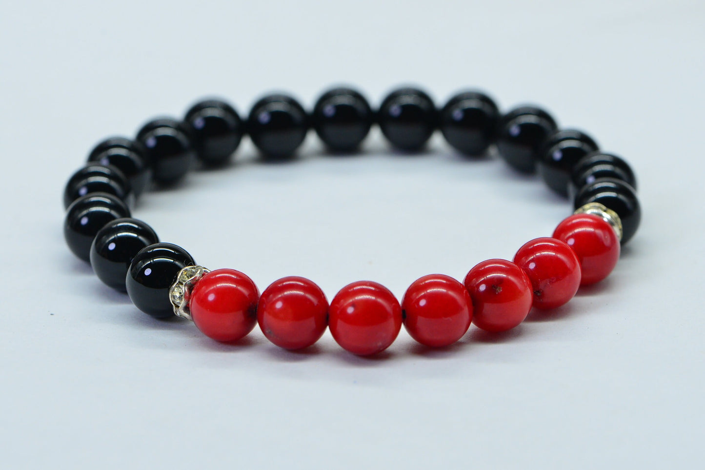 Black Tourmaline & Red Coral Beaded Bracelet with Sterling Silver