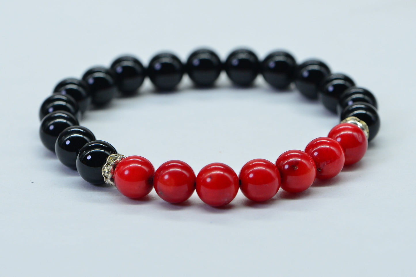 Black Tourmaline & Red Coral Beaded Bracelet with Sterling Silver