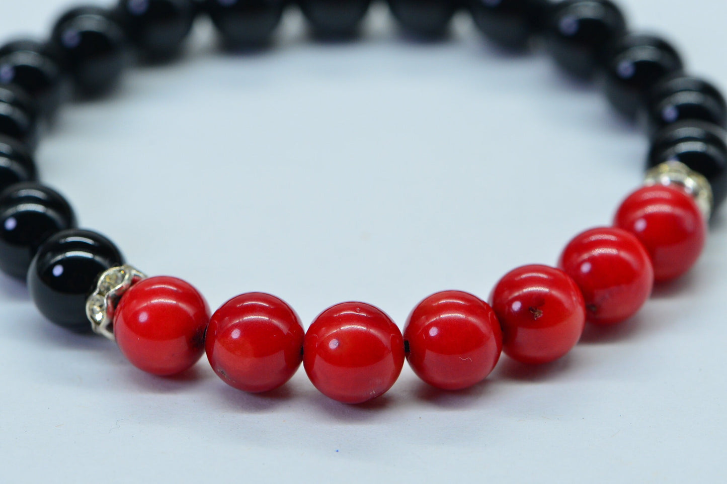 Black Tourmaline & Red Coral Beaded Bracelet with Sterling Silver