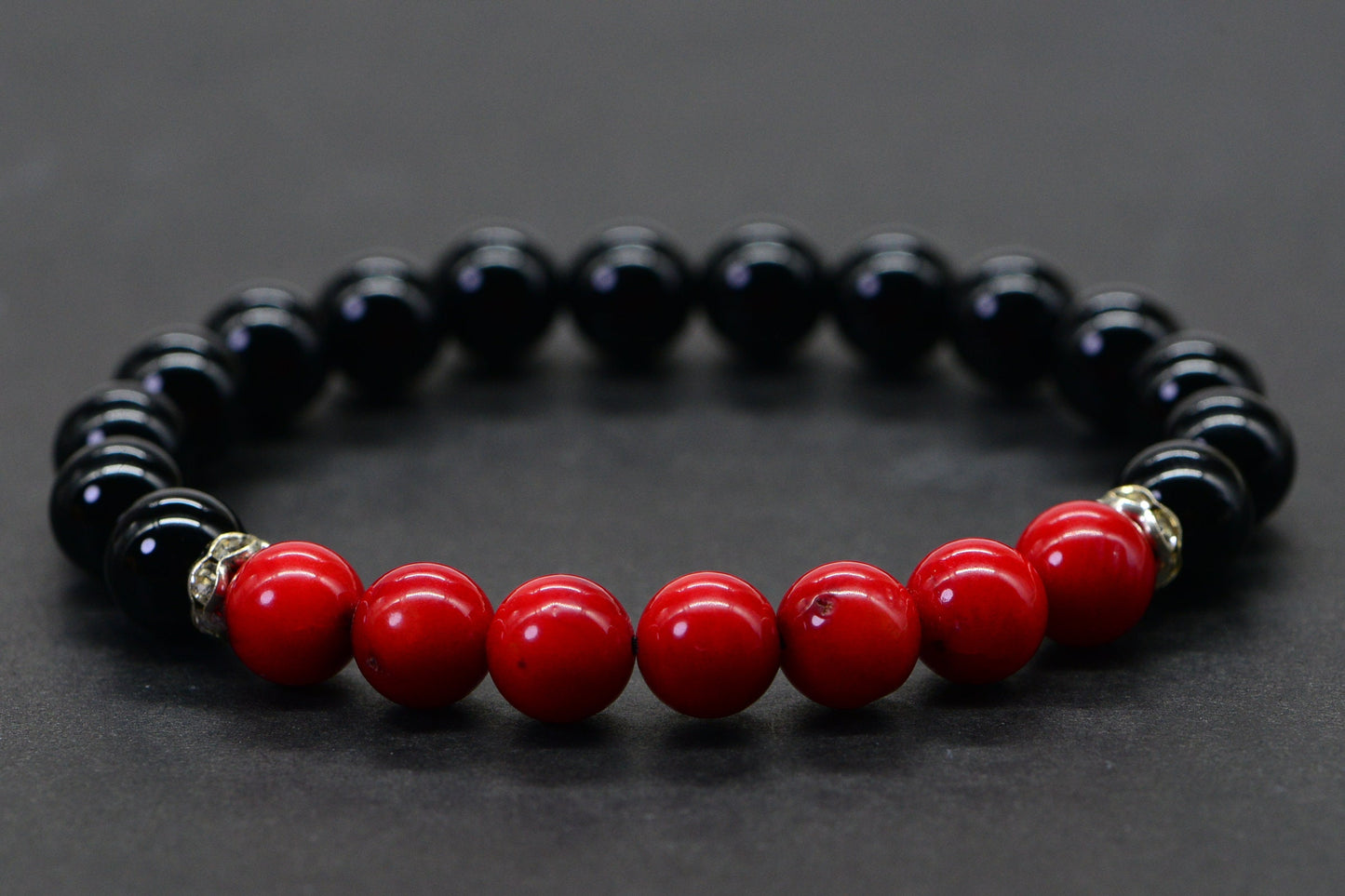 Black Tourmaline & Red Coral Beaded Bracelet with Sterling Silver