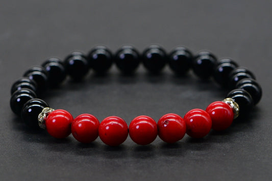 Black Tourmaline & Red Coral Beaded Bracelet with Sterling Silver