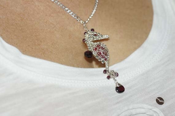 Seahorse Wire Wrapped Pendant , Sterling silver. Red Garnet. Red Onyx. Seahorse Jewelry