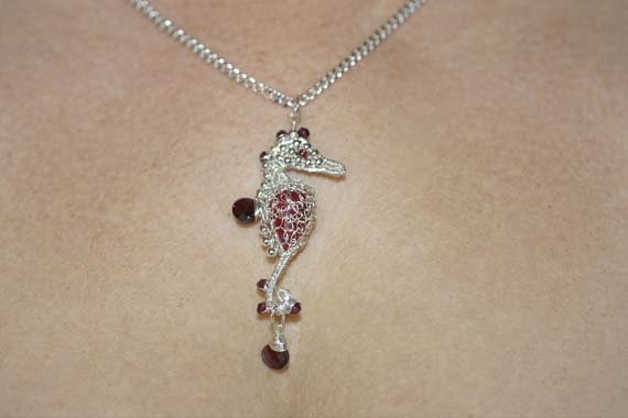 Seahorse Wire Wrapped Pendant , Sterling silver. Red Garnet. Red Onyx. Seahorse Jewelry