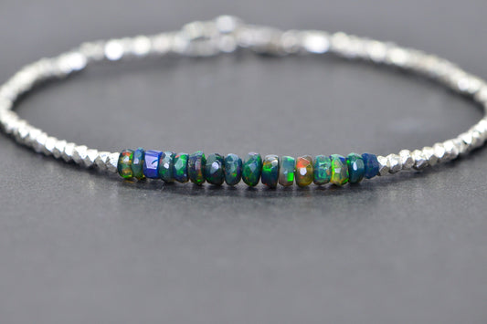Ethiopian Opal Sterling Silver Bracelet: Delicate Stacking Bracelet