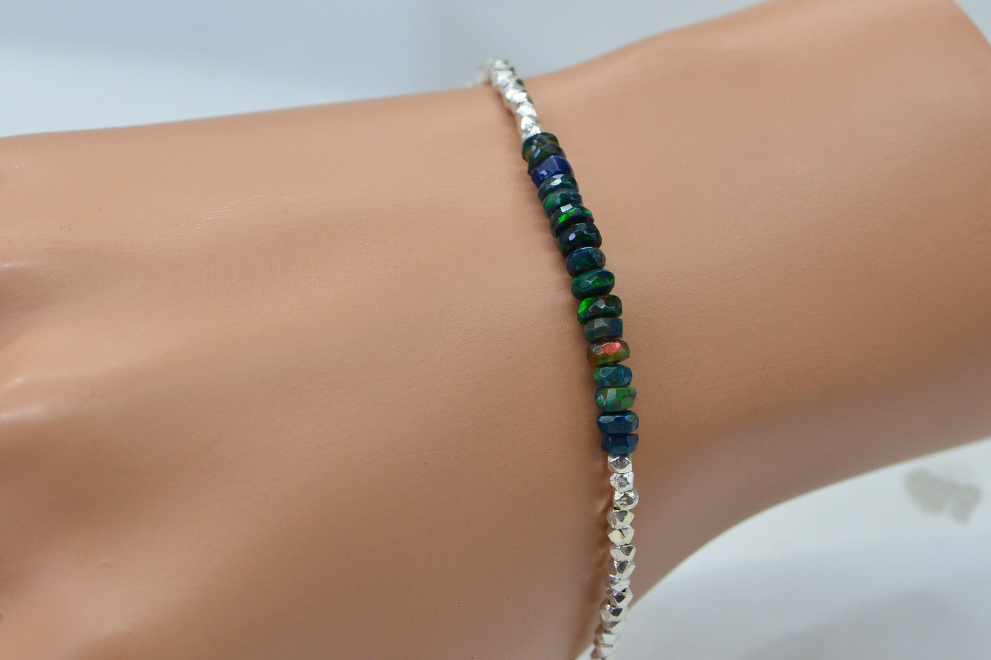 Ethiopian Opal Sterling Silver Bracelet: Delicate Stacking Bracelet