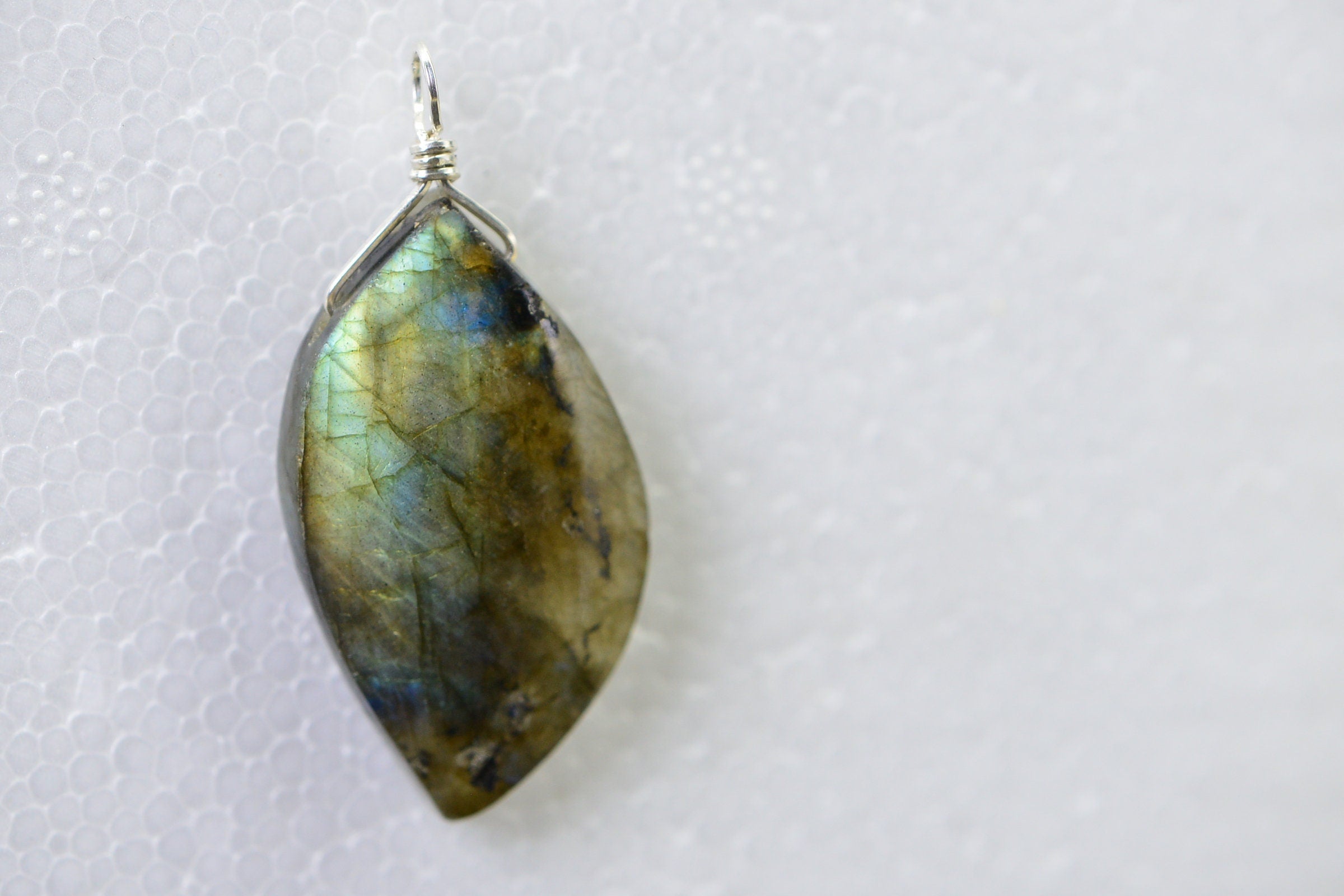 Blue Flash Labradorite Pendant: Sterling Silver Wire Wrap Teardrop