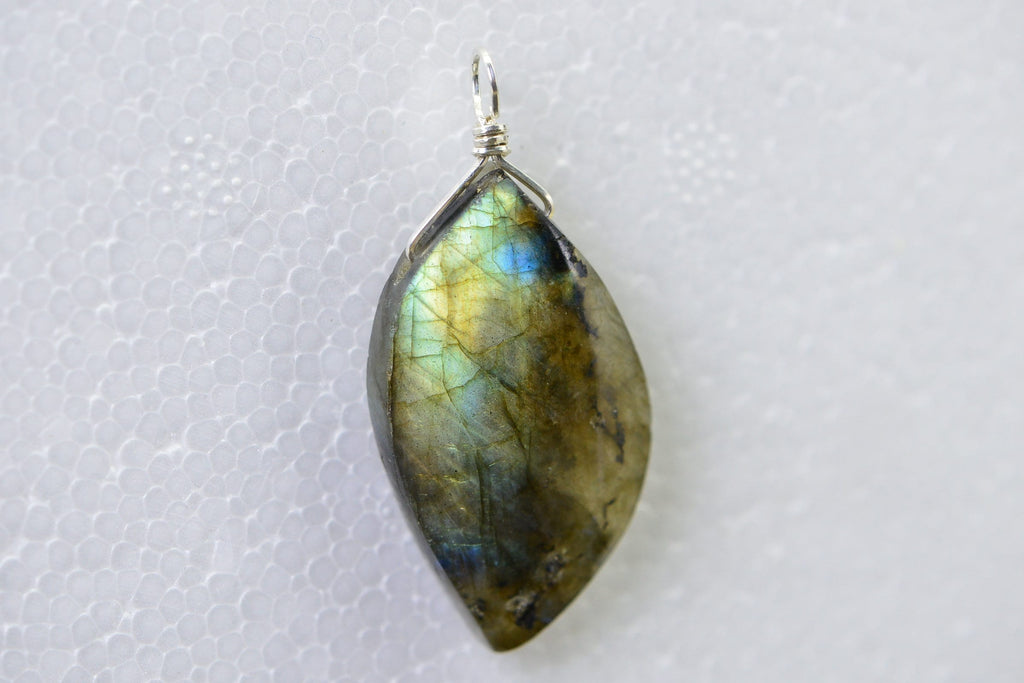 Blue Flash Labradorite Pendant: Sterling Silver Wire Wrap Teardrop