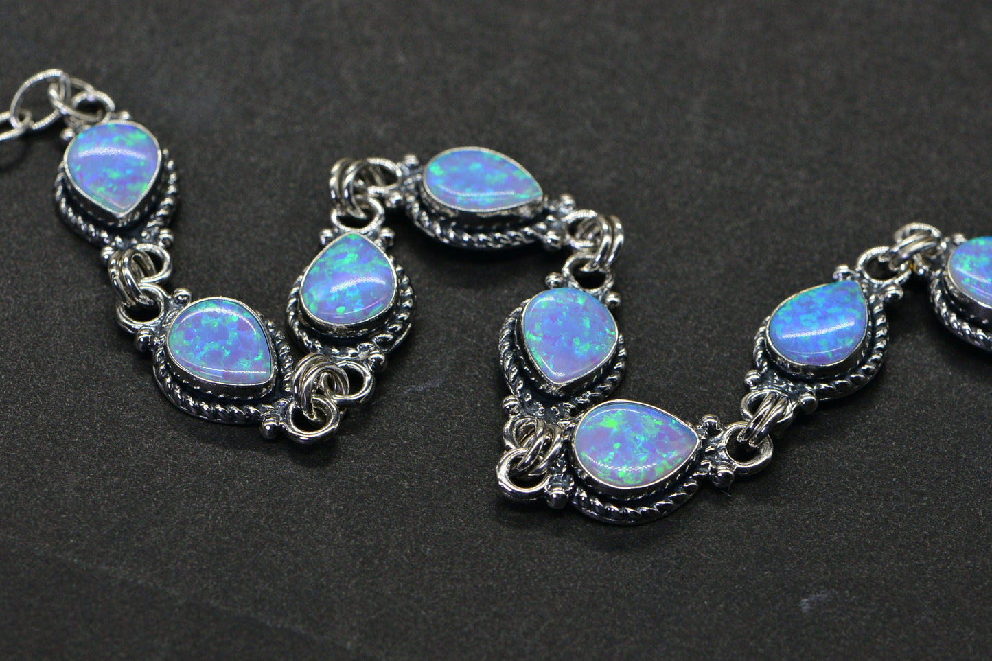 Blue Opal Bracelet Sterling Silver Chain Gemstone Bezel Setting Opal Birthstone October