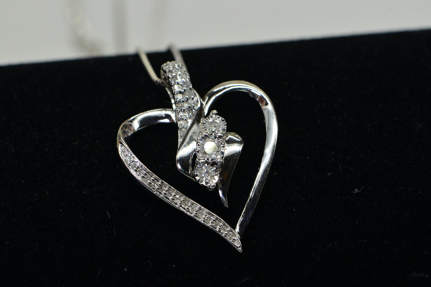 Diamond Heart Pendant Necklace, Sterling Silver Estate Jewelry