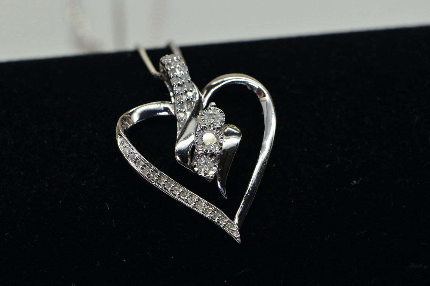 Diamond Heart Pendant Necklace, Sterling Silver Estate Jewelry