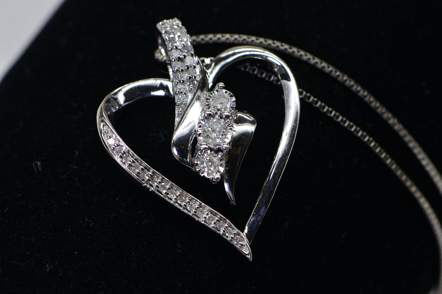 Diamond Heart Pendant Necklace, Sterling Silver Estate Jewelry